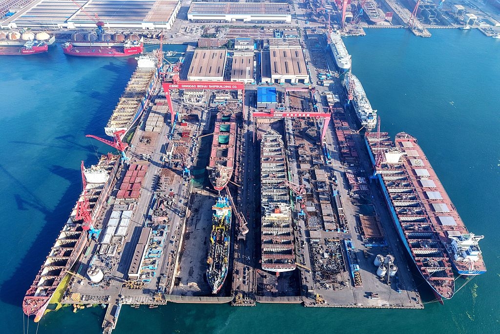 Several giant ships of over 100,000 tons are under construction at Qingdao Beihai Shipbuilding Co. in Qingdao, China, in July 2025. (Costfoto/NurPhoto via Getty Images)