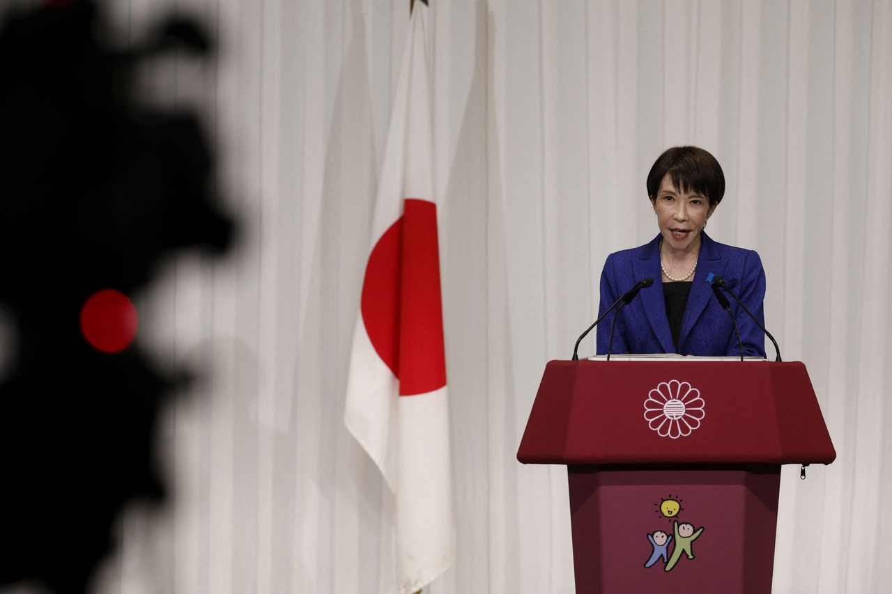 Japan's Prime Minister Sanae Takaichi, leader of the ruling Liberal Democratic Party, speaks during a press conference at the LDP headquarters in Tokyo on February 9, 2026.  (Pool Photo via AFP)