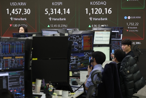 An electronic board showing the Korea Composite Stock Price Index at a dealing room of the Hana Bank headquarters in Seoul on Wednesday. (Yonhap)