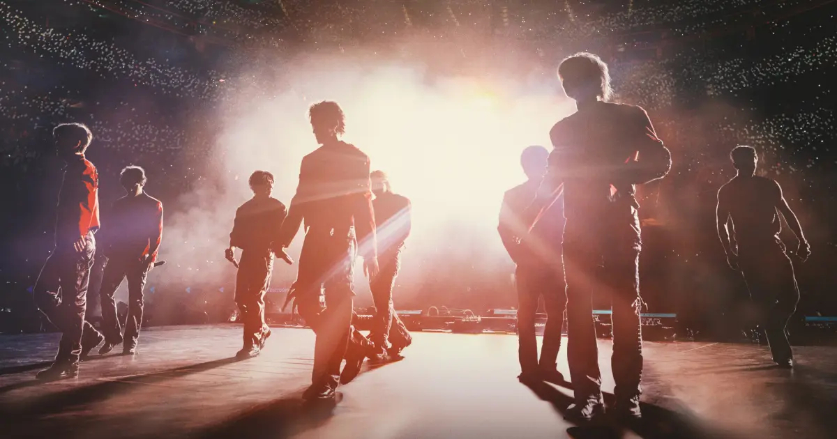 Stray Kids on stage at SoFi Stadium from a still from 