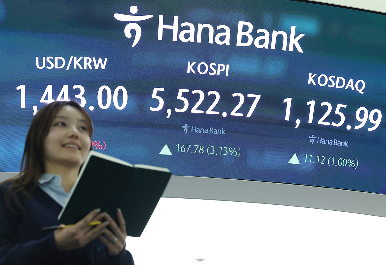 An electronic board showing the Korea Composite Stock Price Index at a dealing room of the Hana Bank headquarters in Seoul on Thursday. (Yonhap)