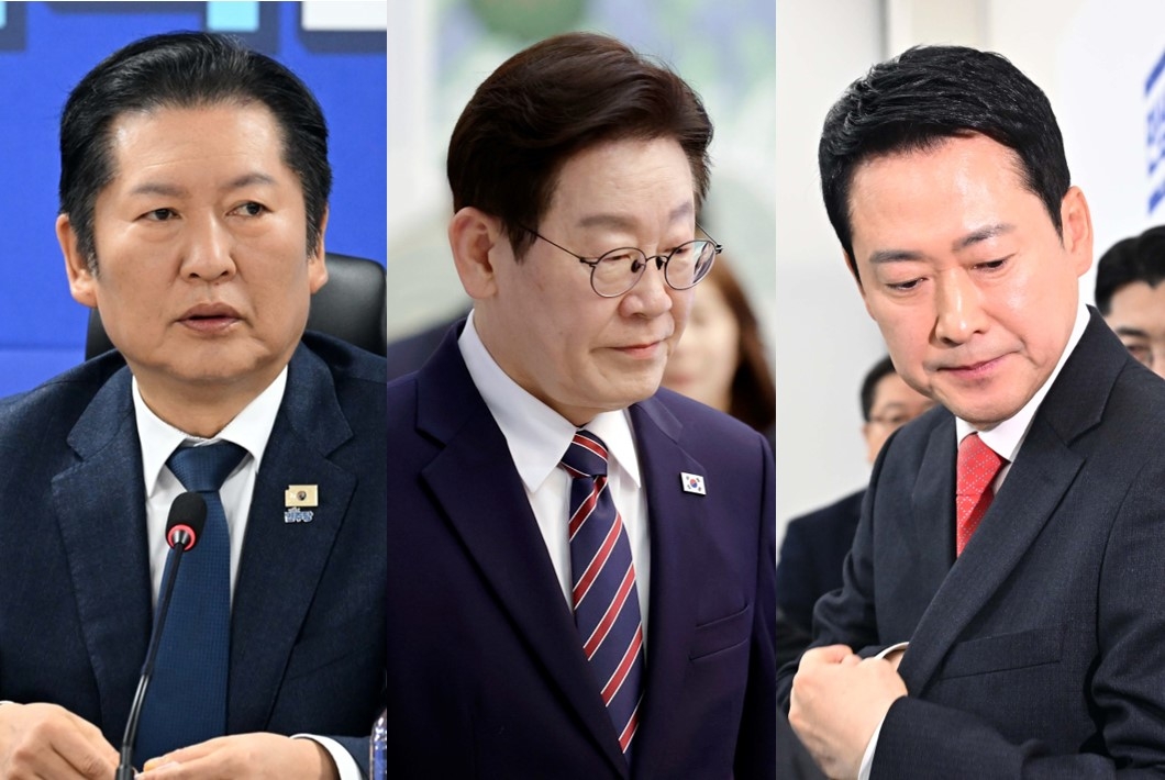 From left: Democratic Party chair Rep. Jung Chung-rae, President Lee Jae Myung and People Power Party chair Rep. Jang Dong-hyeok (Yonhap and The Korea Herald)