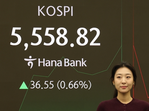 An electronic board showing the Korea Composite Stock Price Index at a dealing room of the Hana Bank headquarters in Seoul on Friday. (Yonhap)
