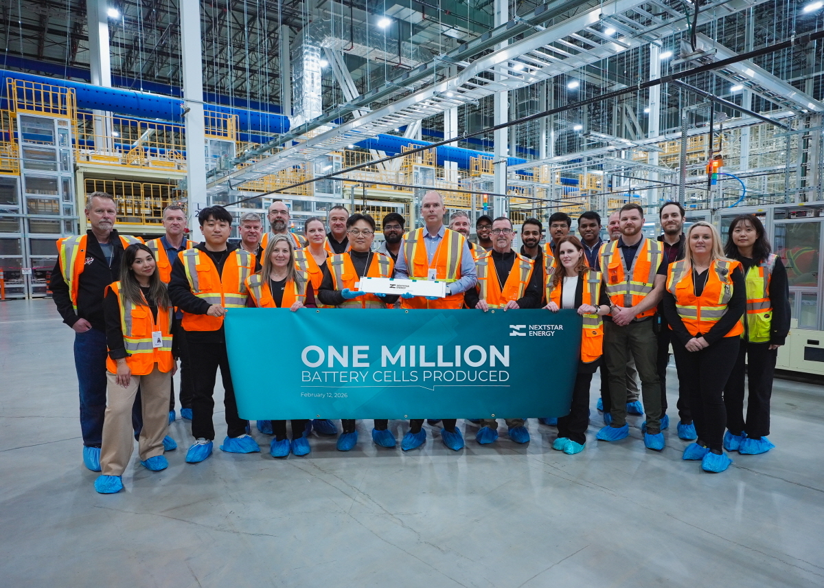 Employees of NextStar Energy pose for a photo at the company's production line in Ontario, Canada on Friday. (LG Energy Solution)