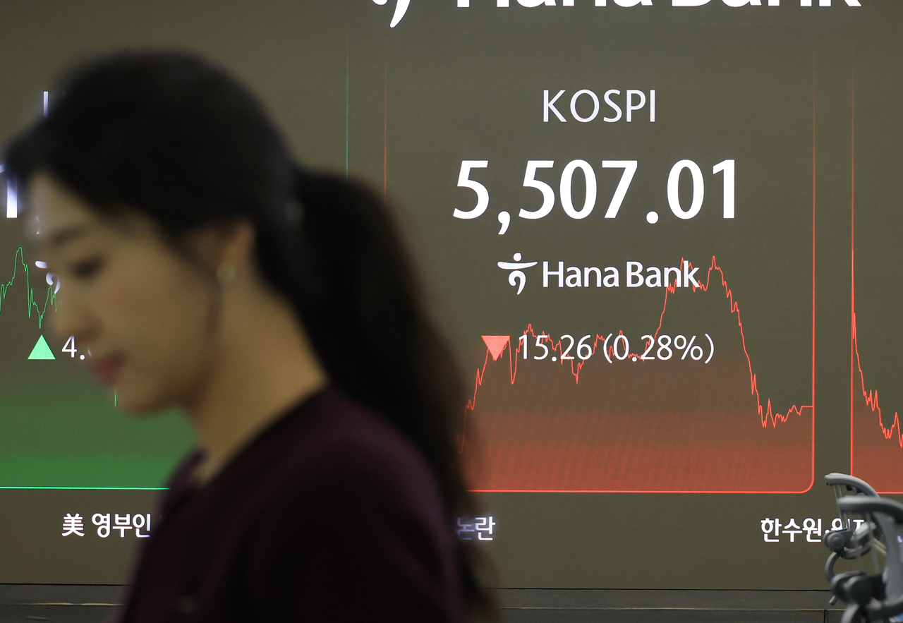 An electronic board at a Hana Bank dealing room in central Seoul shows the benchmark Kospi closing trading at 5,507.01 on Friday. (Yonhap)