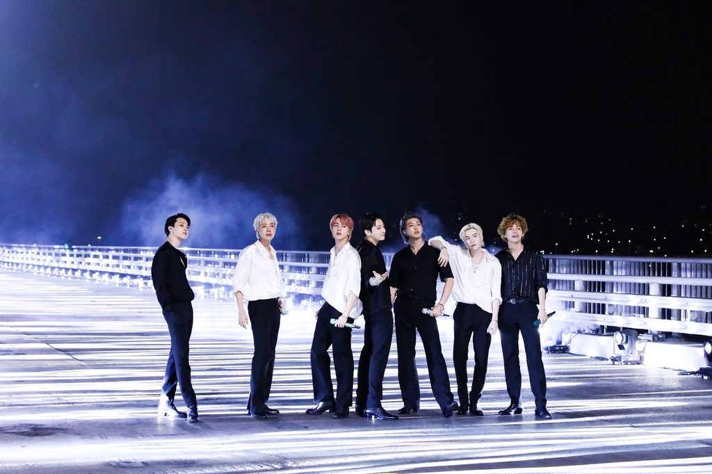 BTS poses on World Cup Bridge in Mapo-gu, western Seoul, ahead of their performance of 