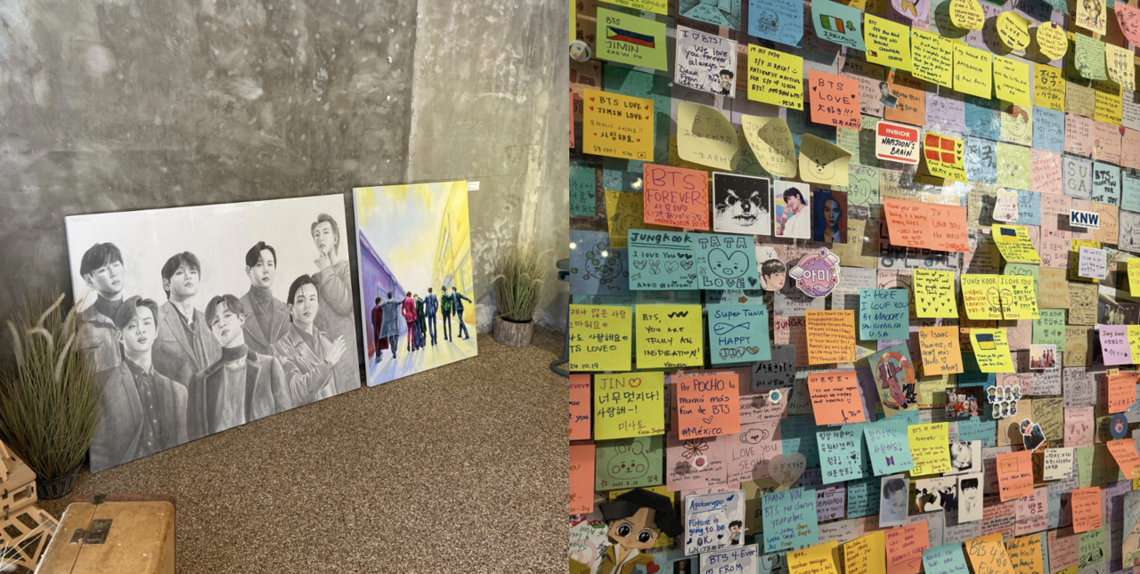 Drawings of BTS (left) and fan letters are seen at Cafe Hyuga in Gangnam-gu, southern Seoul. (Lee Jung-joo/The Korea Herald)