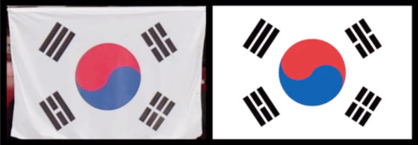 Although the two images look similar, the image on the right is the proper flag. The image on the left shows the mistaken version of the flag hung at the Winter Games in northern Italy. (Community Galmuri)