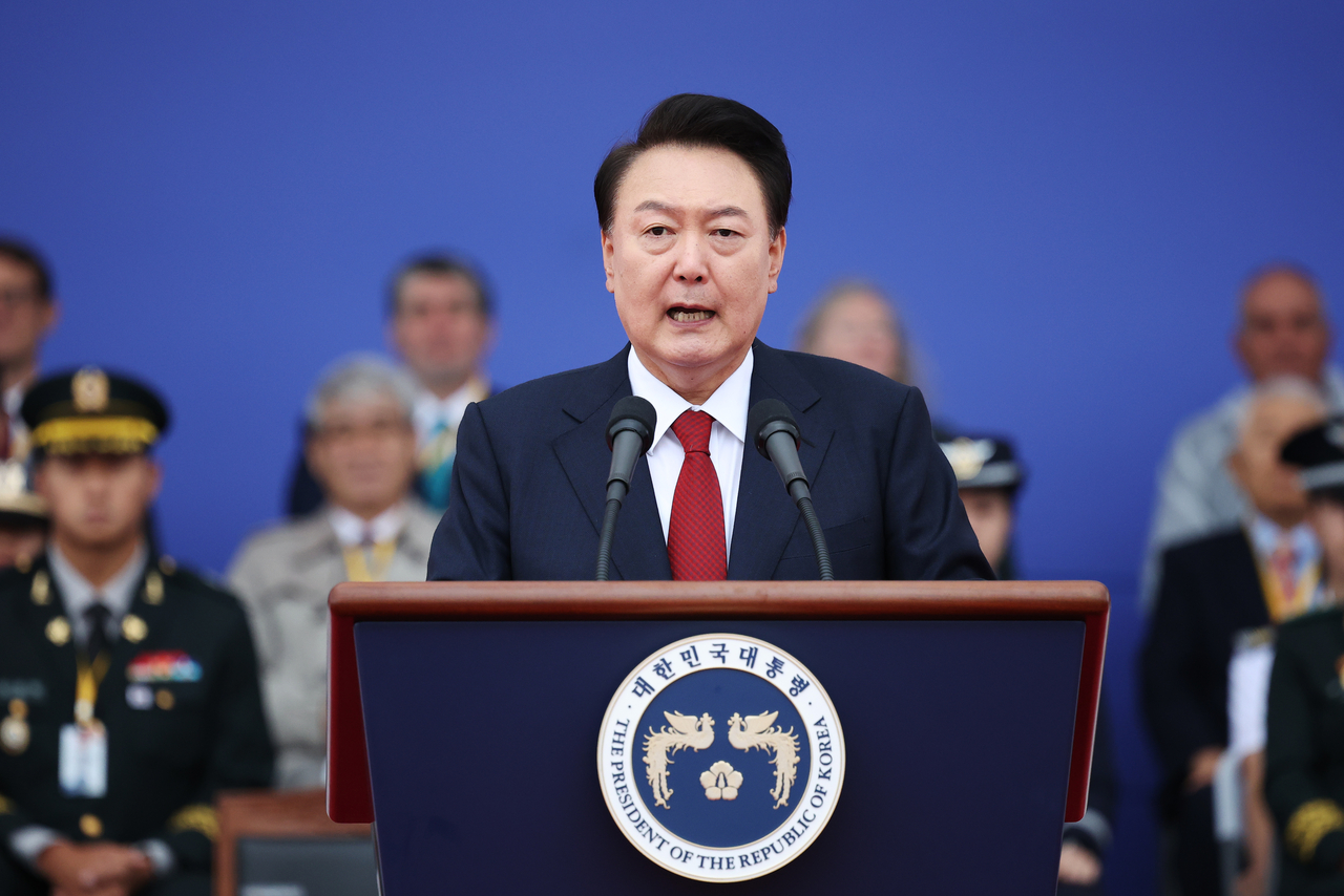 Former South Korean President Yoon Suk Yeol delivers a speech during the 76th South Korea Armed Forces Day ceremony in October 2024 in Seongnam, Gyeonggi Province. (Getty Images)