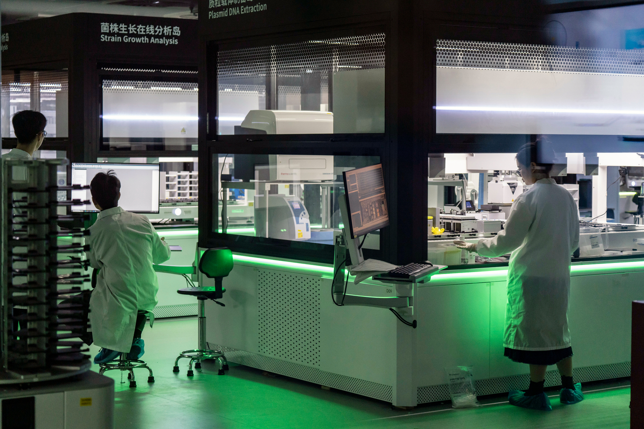 In this file photo, researchers  work in a lab at the Shenzhen Synthetic Biology Infrastructure facility in Shenzhen, China, on Nov. 26, 2025. (Bloomberg)