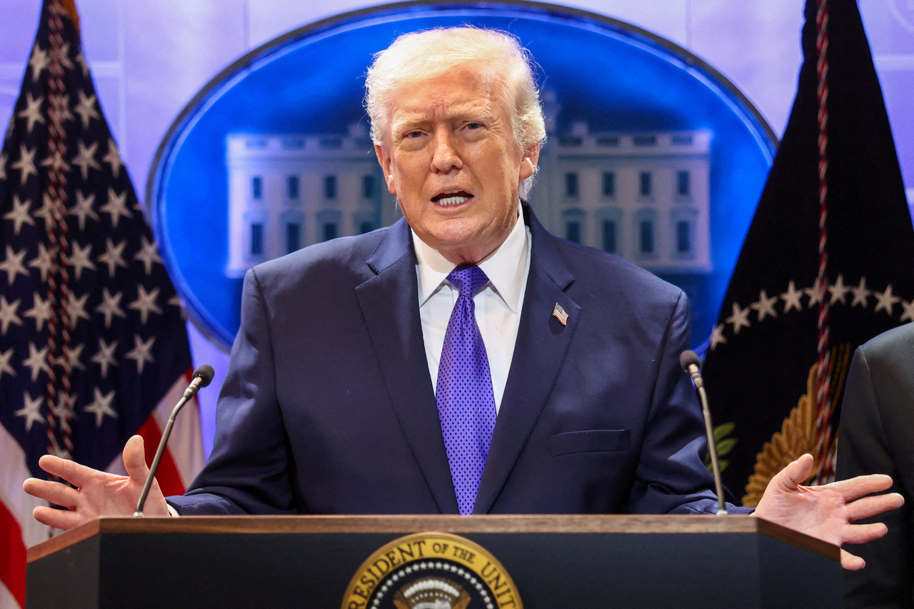 US President Donald Trump speaking during a press briefing at the White House in Washington on Friday. (Reuters-Yonhap)