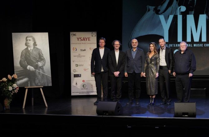 A jury panel at the livestreamed semifinal of the Ysaye International Music Competition in Vise, Belgium on Feb. 18 (YIMC)