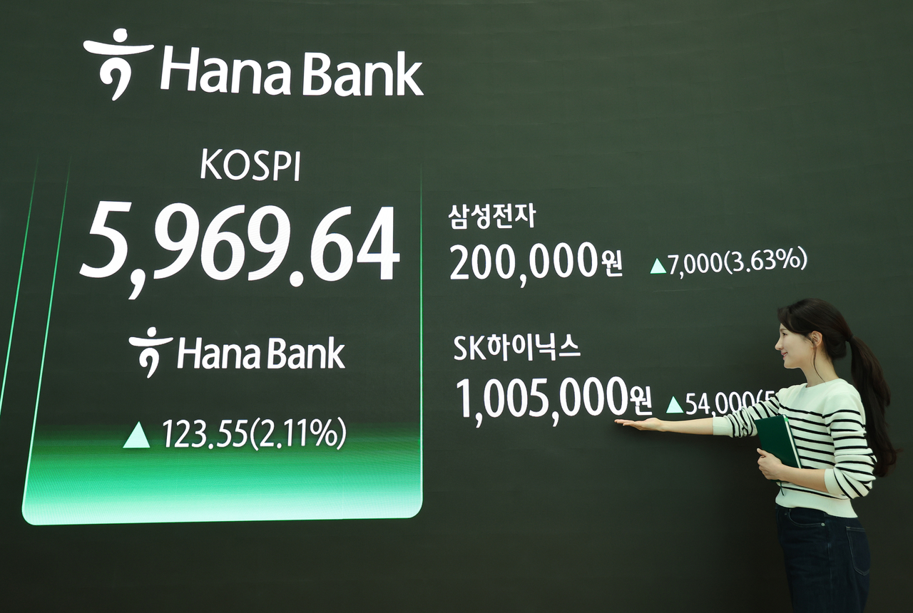 An electronic board showing the Korea Composite Stock Price Index at a dealing room of the Hana Bank headquarters in Seoul on Tuesday. (Yonhap)