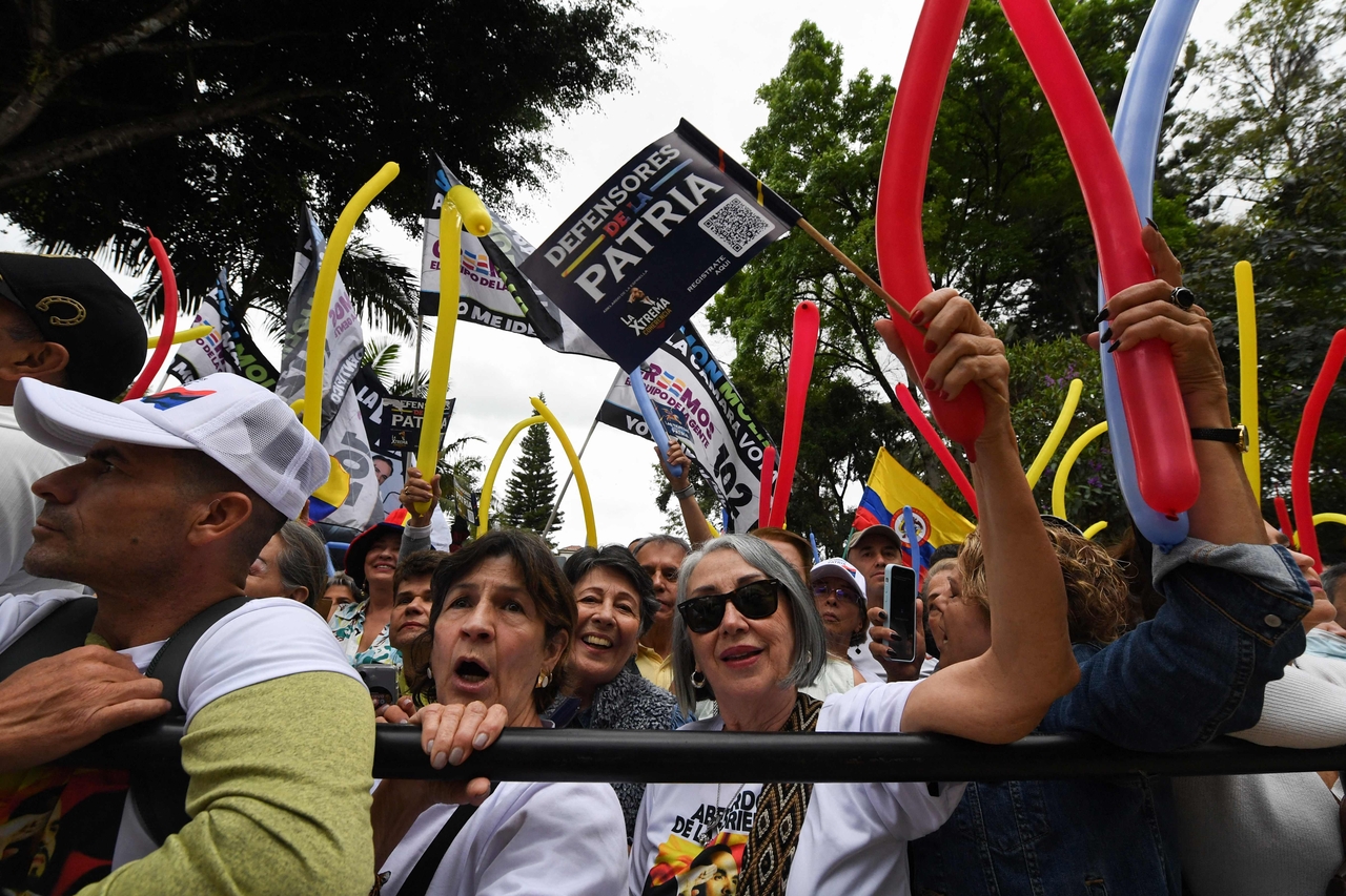 Supporters of Colombian presidential candidate Abelardo de la Espriella, of the political movement Defensores de la Patria, attend a campaign event in La Ceja, Antioquia Department, Colombia, Monday. (AFP-Yonhap)