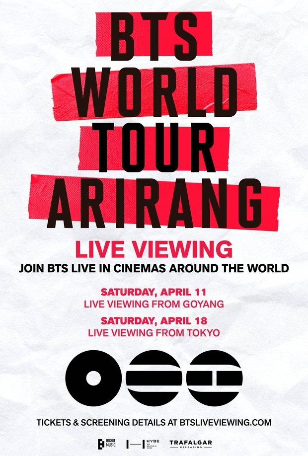 Poster for a BTS Arirang world tour live cinema broadcast at CGV Lotte Cinema and Megabox, an example of the K-pop concert cinema screening format SM originated