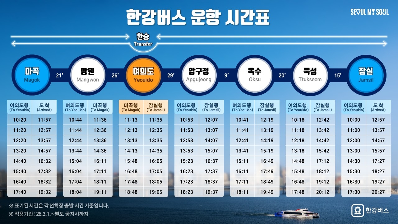 Hangang Bus operation schedule (Seoul Metropolitan Government)