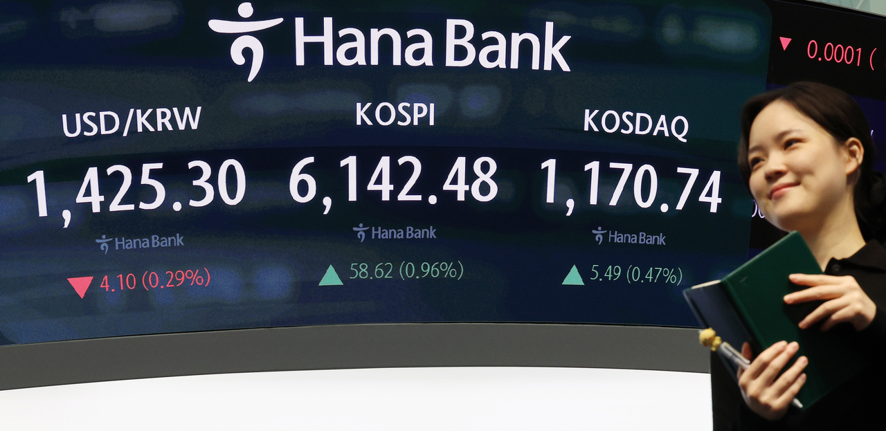 An electronic board showing the Korea Composite Stock Price Index at a dealing room of the Hana Bank headquarters in Seoul on Thursday. (Yonhap)