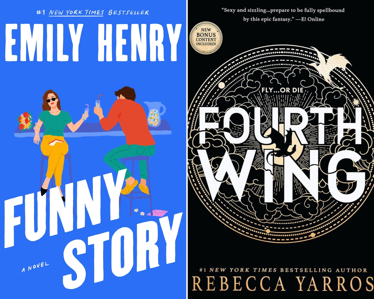 “Funny Story” by Emily Henry and “Fourth Wing” by Rebecca Yarros (Berkley, Entangled Publishing)