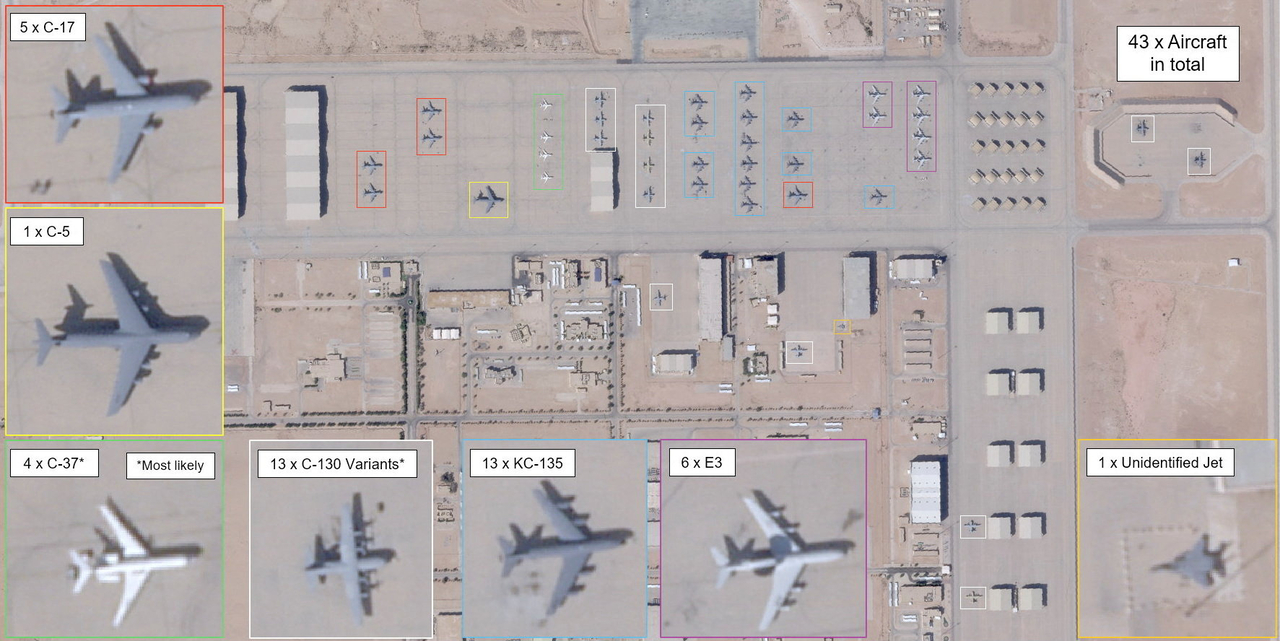 A satellite image shows planes at Prince Sultan Air Base in Saudi Arabia, along with annotations by William Goodhind, a forensic imagery analyst with Contested Ground, in this handout image dated Feb. 21. (Planet Labs PBC/Handout via Reuters)