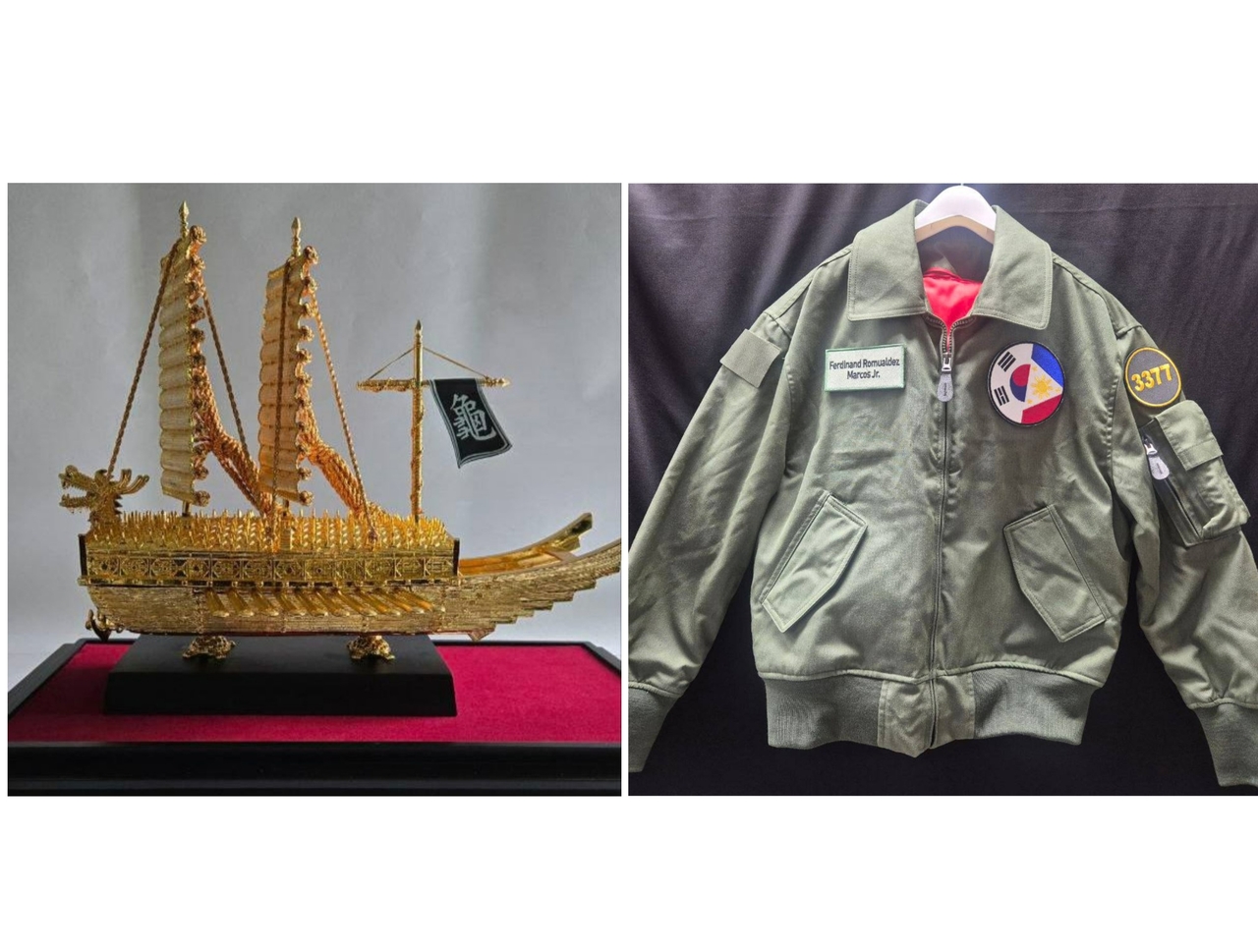 A gold-plated Korean turtle ship model (left) and a South Korean Air Force pilot flight jacket (right) — gifts from President Lee Jae Myung to Philippine President Ferdinand Marcos Jr. — are shown in photos provided by Cheong Wa Dae on Tuesday. The jacket bears a “3377” patch on the left arm, symbolizing March 3 and the 77th anniversary of diplomatic ties between Seoul and Manila. (Combined by The Korea Herald)