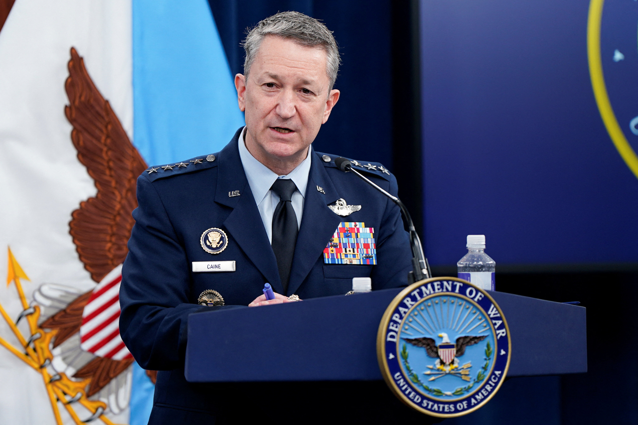 Joint Chiefs of Staff Chairman Gen. Dan Caine holds a briefing at the Pentagon near Washington on Monday. (Reuters-Yonhap)