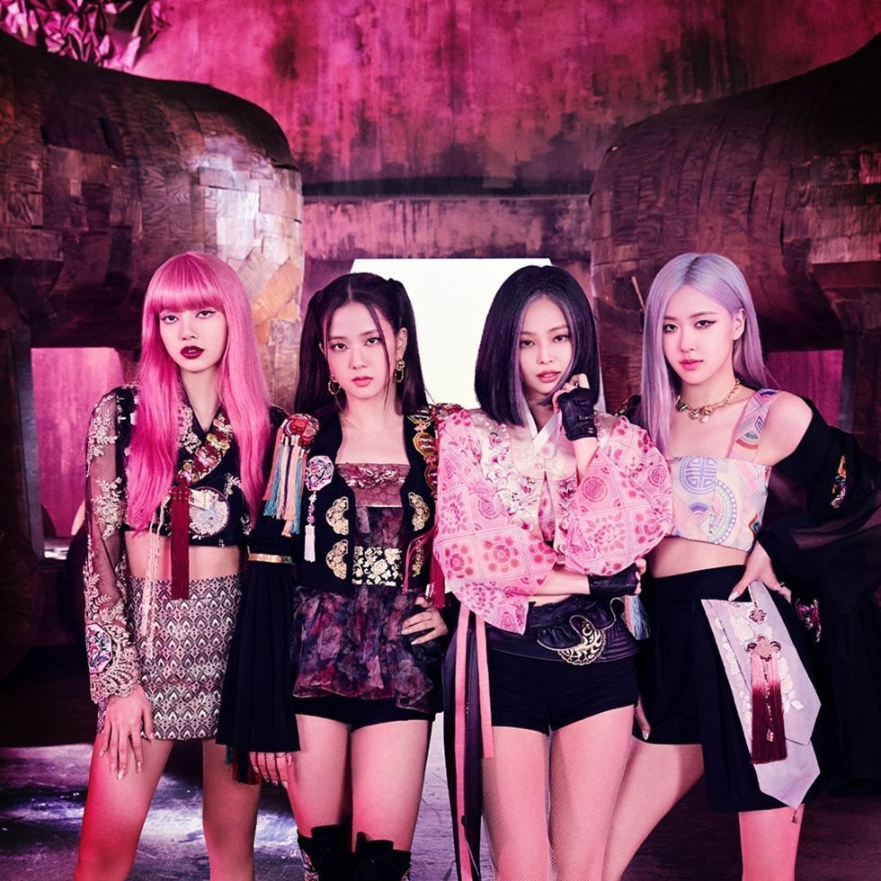 Blackpink poses wearing modernized hanbok outfits, featured in the music video for "How You Like That." (YG Entertainment)