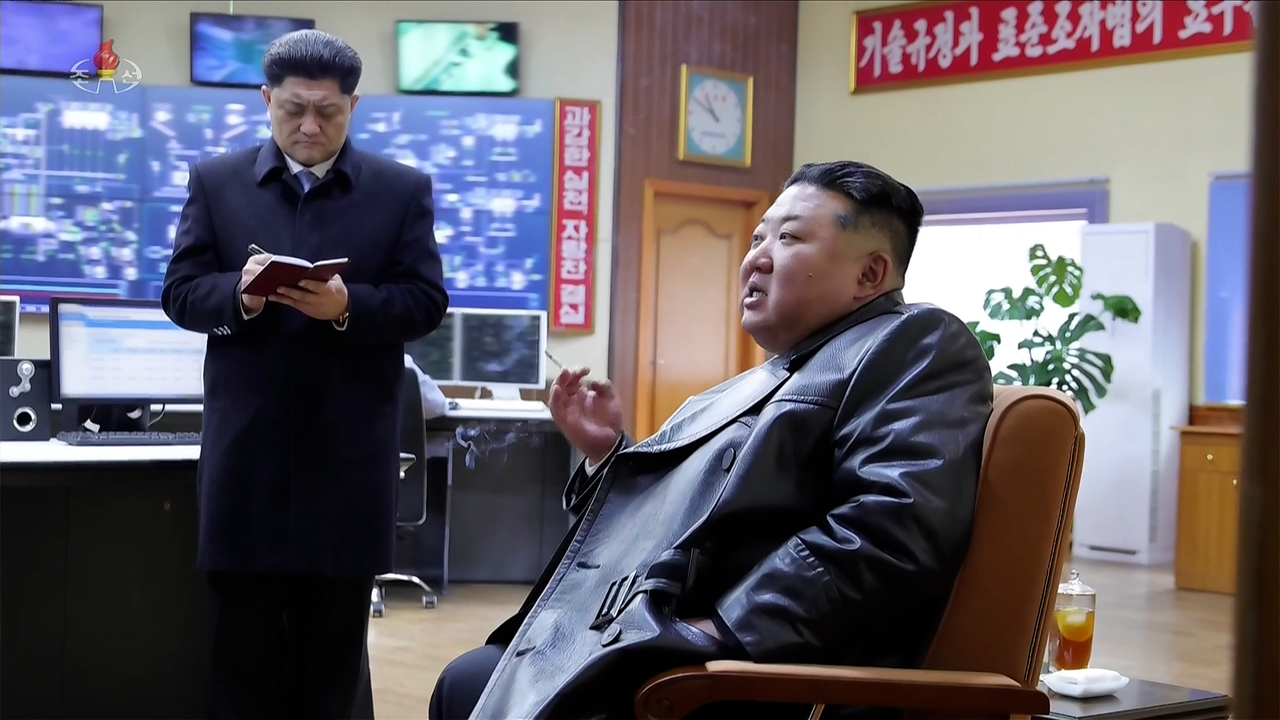 North Korean leader Kim Jong-un visited the Sangwon Cement Complex on Sunday, delivering a speech to workers and inspecting cement production at the central control room, Korean Central Television reported the following day. (KCTV-Yonhap)