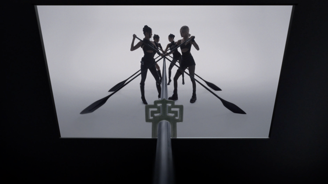 In Blackpink's music video for "Go," the "hoemun" ornamental pattern, a traditional geometric pattern of lines that continue to loop without a clear end, symbolizes continuity and eternity. (YG Entertainment)