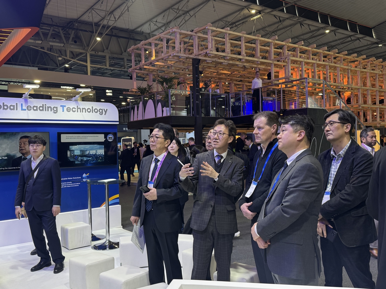 Visitors are briefed on K-water's water management technologies at the agency's exhibition booth at this week's MWC 2026 in Barcelona. (K-water)
