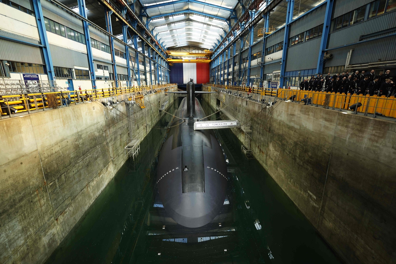 French Navy nuclear-powered ballistic missile submarine is seen during Frech President Macron's visit in Crozon, France, Monday. (AFP-Yonhap)