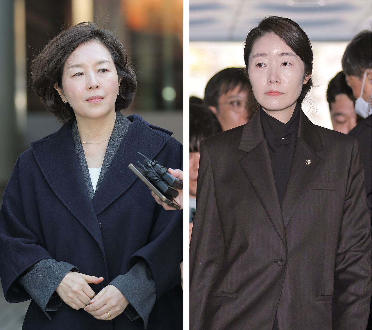 This combination of photos shows former Seoul city councilor Kim Kyung (left) and National Assembly Rep. Kang Sun-woo, at the Seoul Central Distirct Court for their arrest warrant hearing on Tuesday. (Yonhap)