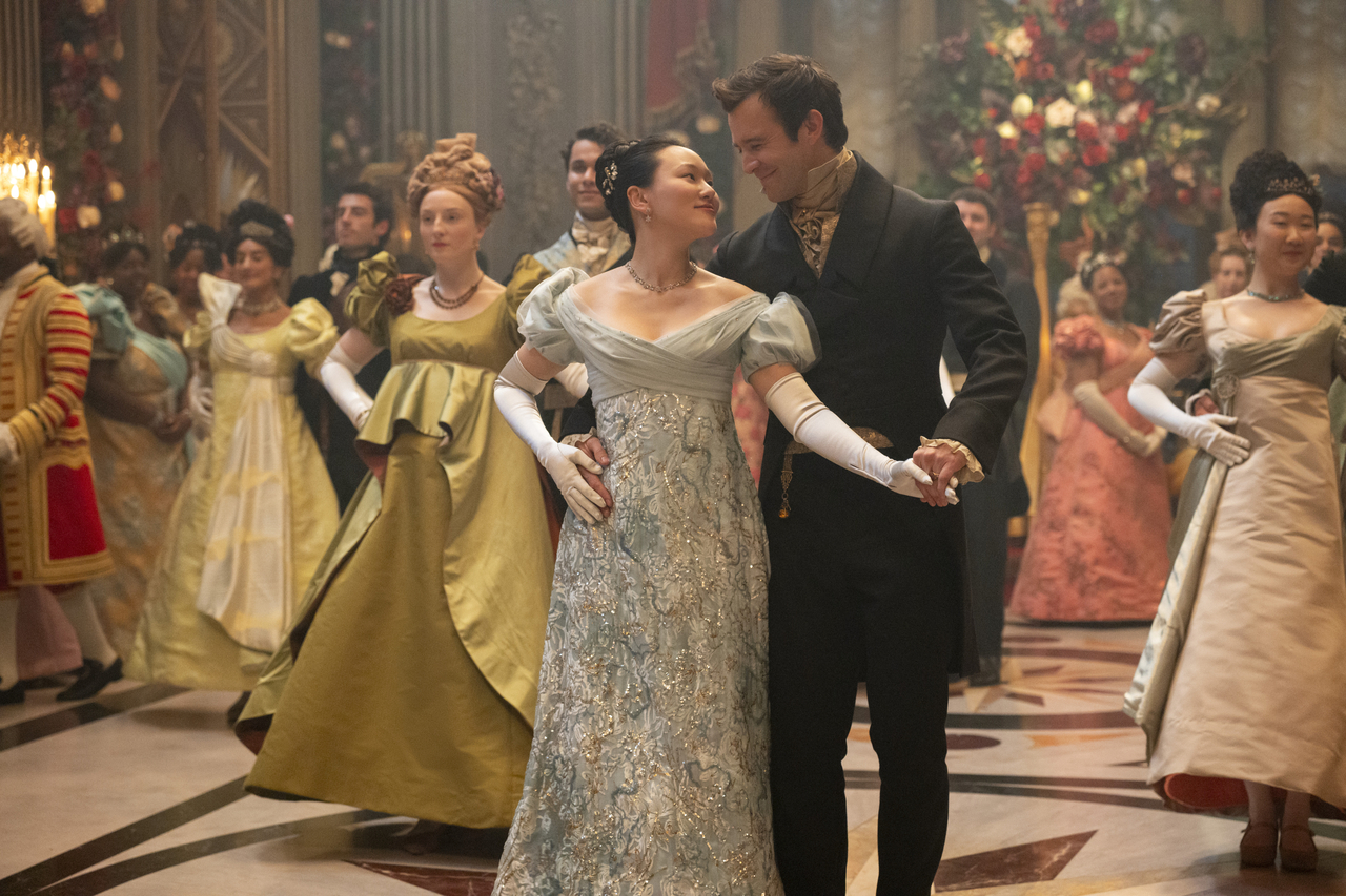 Ha Ye-rin as Sophie Baek (center left) and Luke Thompson as Benedict Bridgerton in "Bridgerton" Season 4 (Netflix)