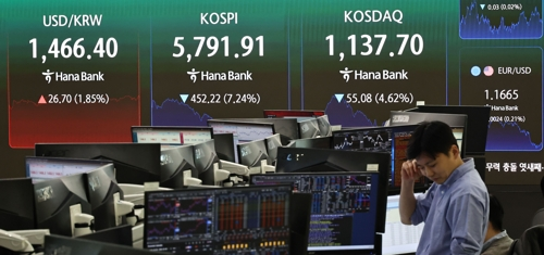 An electronic board showing the Korea Composite Stock Price Index at a dealing room of the Hana Bank headquarters in Seoul on Wednesday. (Yonhap)