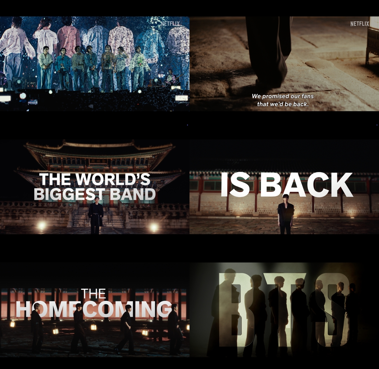 Screenshots of the trailer for BTS' upcoming comeback event, "BTS The Comeback Live Arirang," scheduled to be livestreamed worldwide via Netflix (Netflix)