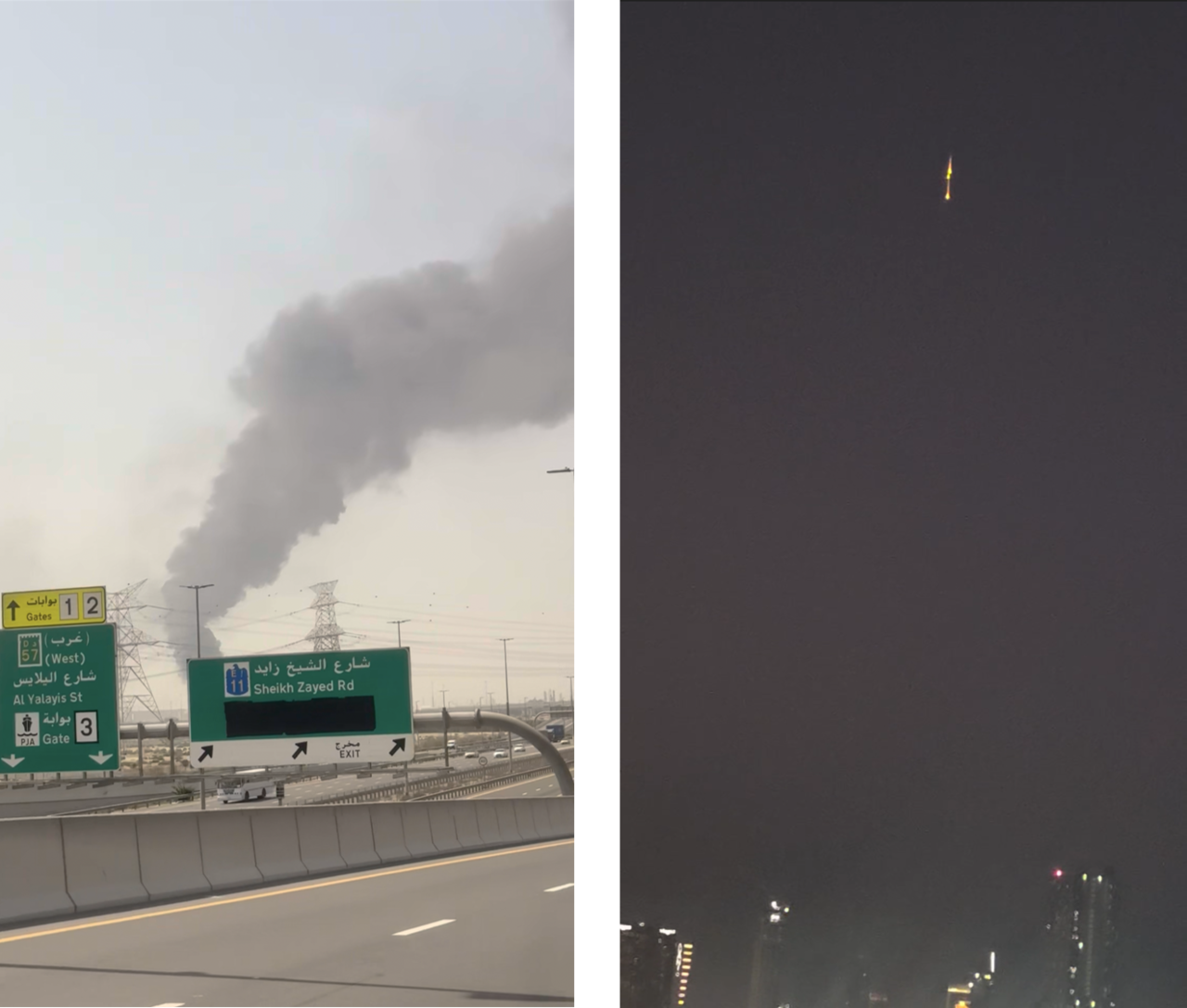 The photo on the left shows a column of smoke rising next to Sheikh Zayed road, a major road in Dubai, United Arab Emirates. The photo on the right, taken from Kim's apartment, shows projectiles above Dubai on Sunday night. (Photos by Kim)
