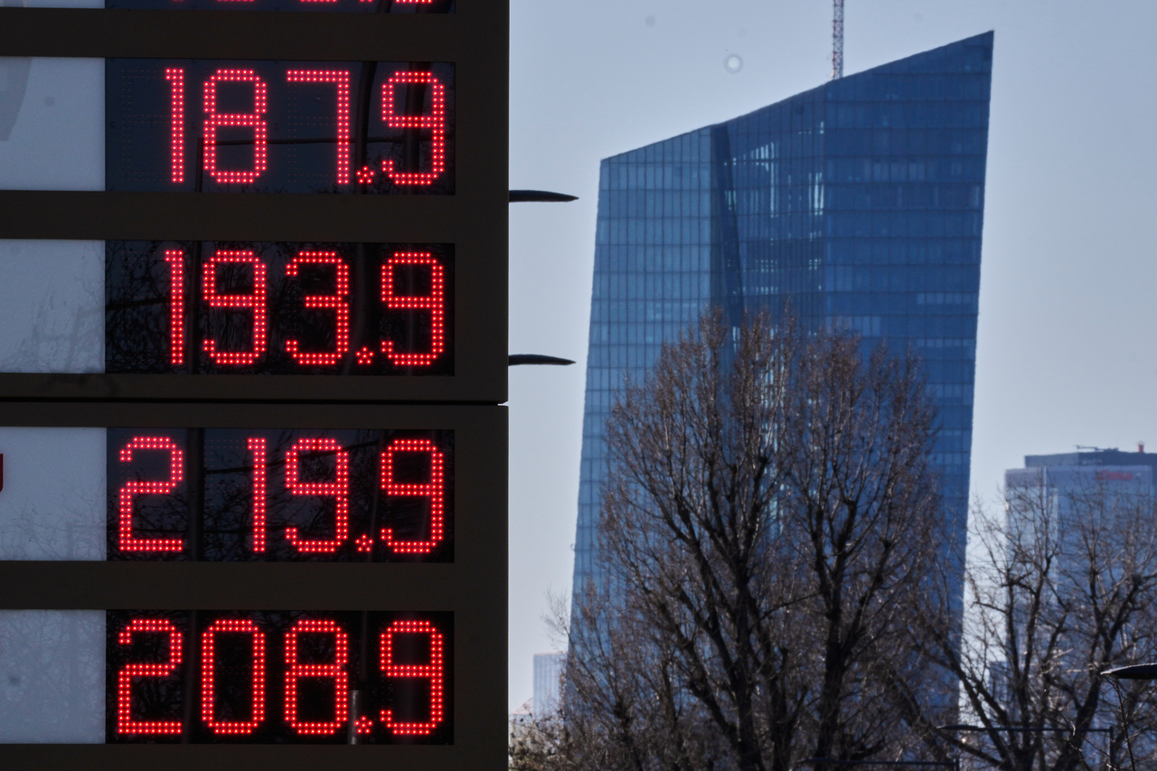 Gas prices are displayed at a gas station with the European Central Bank in background in Frankfurt, Germany, Monday, March 2, 2026. (Yonahp-AP)