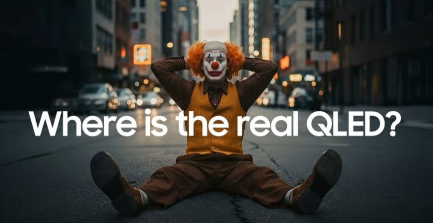 A screen capture from a video posted on Samsung Electronics’ global YouTube channel titled “Where is the real QLED?” that criticizes rival TV makers’ marketing claims about quantum-dot technology. (Samsung Electronics)