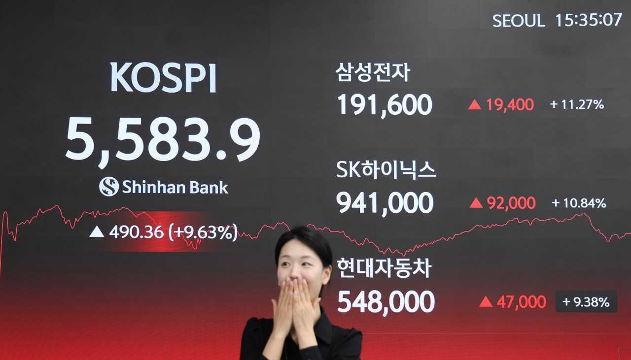 An electronic board at Shinhan Bank's dealing room in central Seoul shows the Kospi closing at 5,583.9, gaining 490.36 points, or 9.63 percent, from the previous session, Thursday. Shares of Samsung Electronics, SK hynix and Hyundai Motor rose between 9 and 12 percent in the session. (Shinhan Bank)