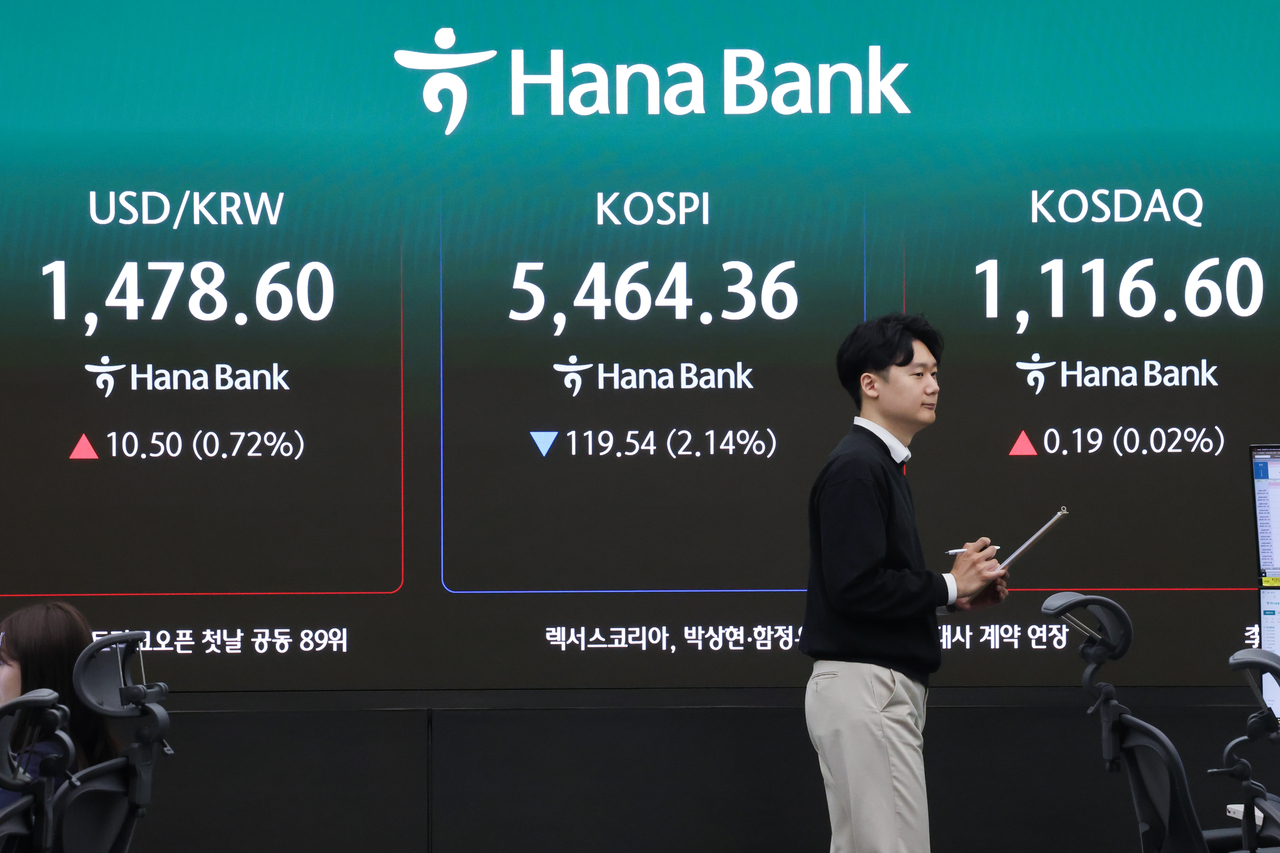 An electronic board showing the Korea Composite Stock Price Index at a dealing room of the Hana Bank headquarters in Seoul on Friday. (Yonhap)