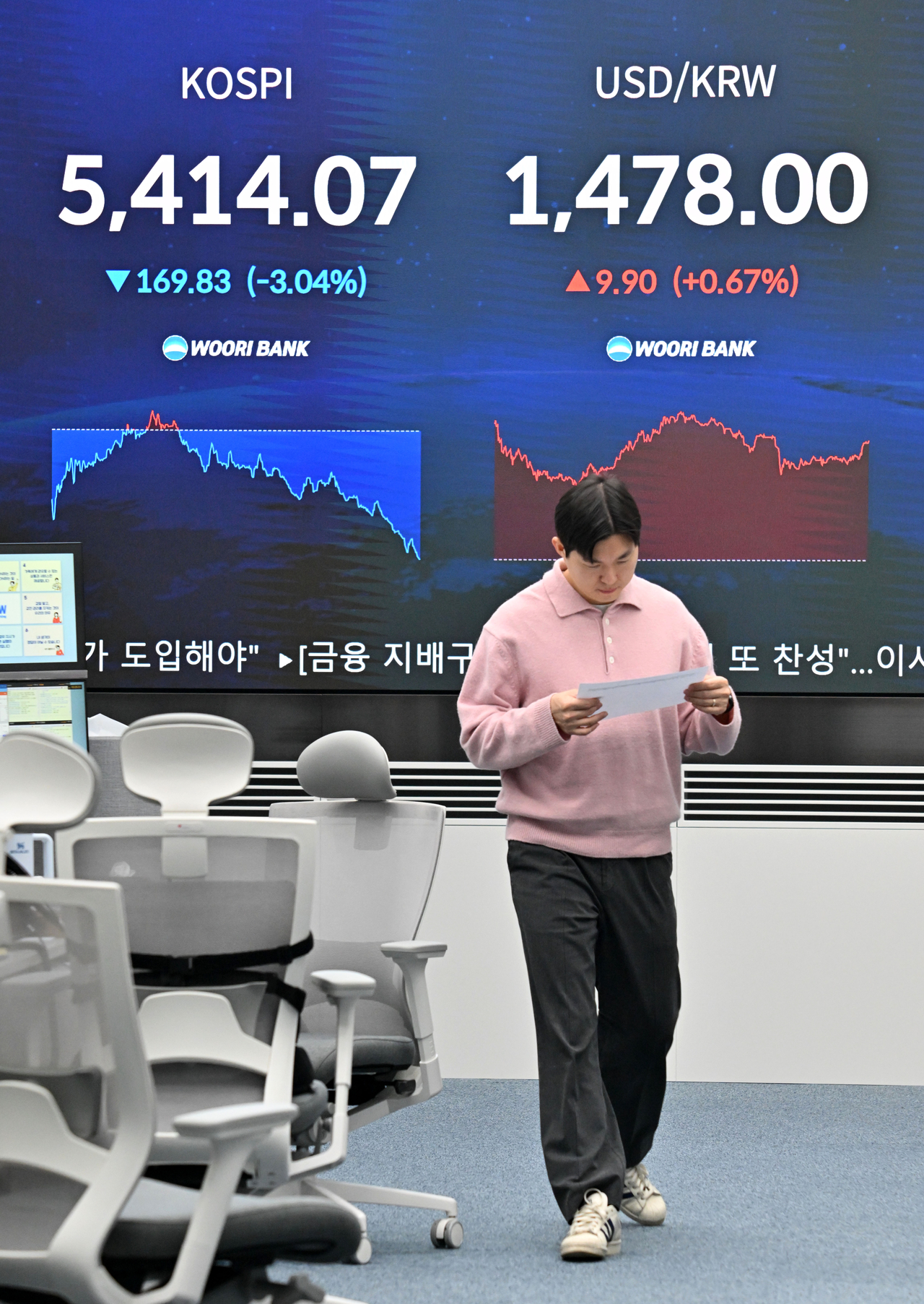 6일 오전 서울 중구 명동 우리은행 딜링룸 전광판에 코스피 지수와 원/달러 환율이 표시돼 있다. [헤럴드DB]