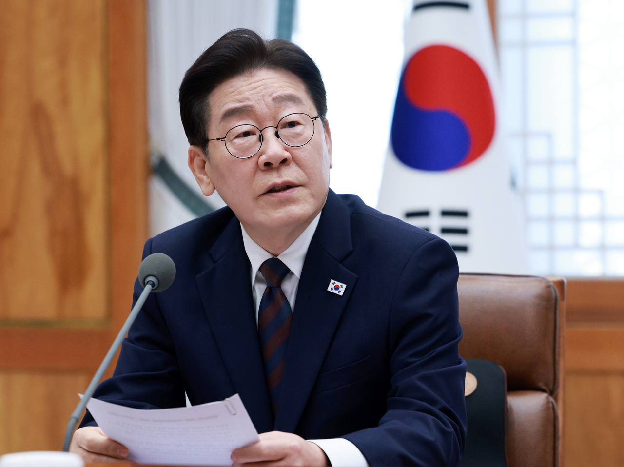 President Lee Jae Myung speaks during an emergency economy response meeting on Middle East tensions, at Cheong Wa Dae in Seoul on Monday. (Yonhap)