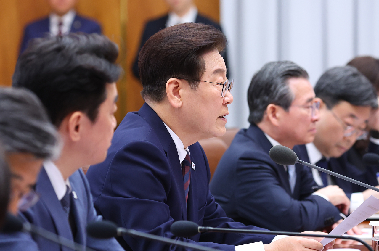 President Lee Jae Myung speaks during an emergency economy response meeting on Middle East tensions, at Cheong Wa Dae in Seoul on Monday. (Yonhap)
