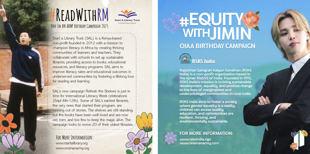 Birthday charity campaigns launched by One in an Army in celebration of members RM and Jimin's birthdays (@OneInAnArmy, X)