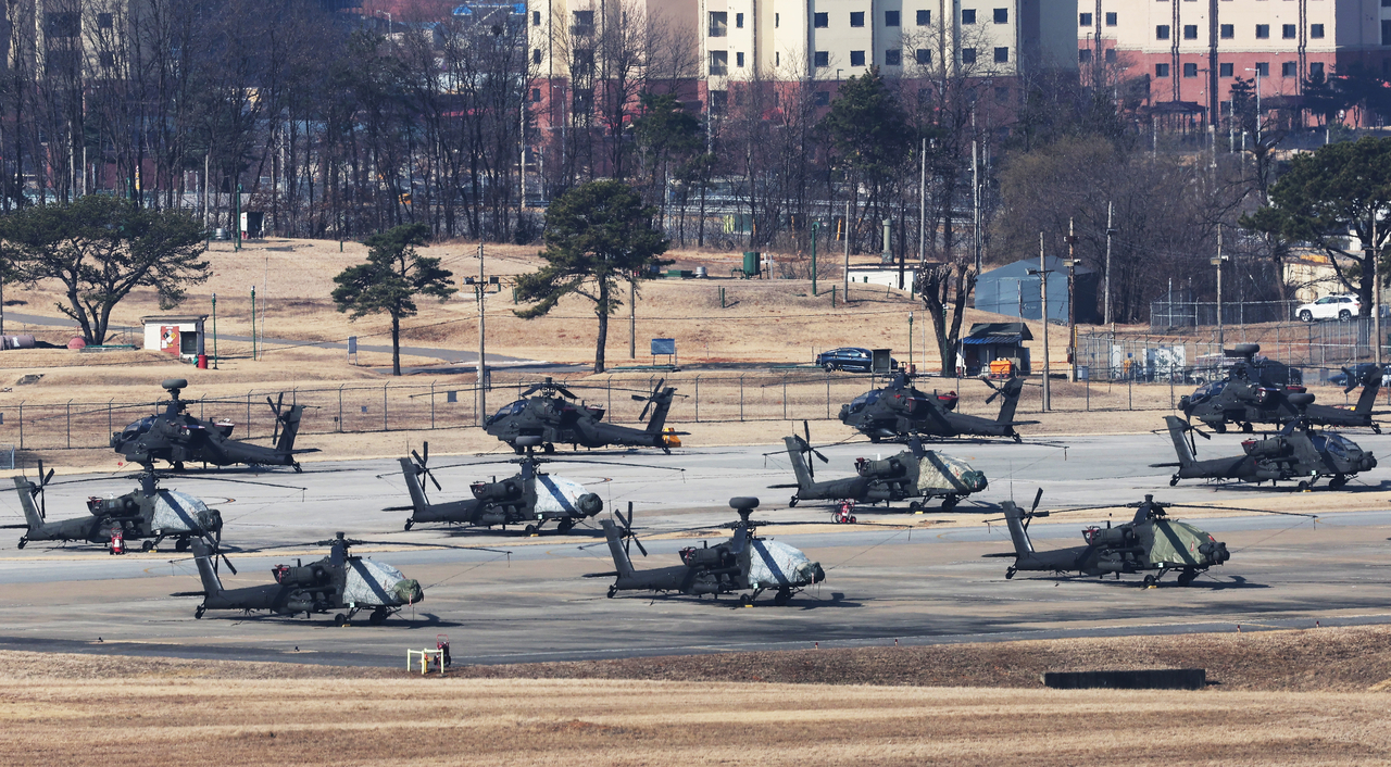 Apache helicopters stand by Sunday at Camp Humphreys in Pyeongtaek, Gyeonggi Province, ahead of the Freedom Shield exercise. (Yonhap)