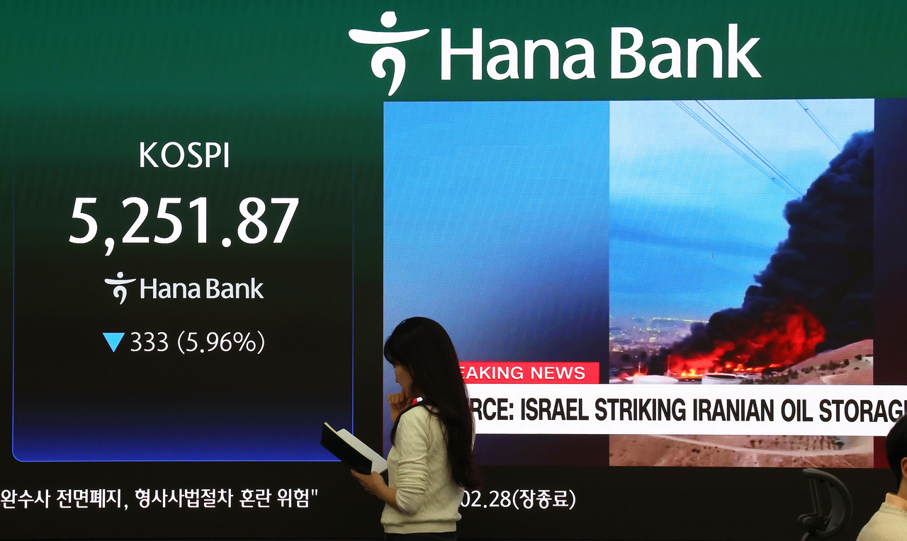 The electronic board at Hana Bank's dealing room in central Seoul shows the Kospi closing at 5,251.87, shedding 333 points, or 5.96 percent, from the previous session on Monday. (Yonhap)