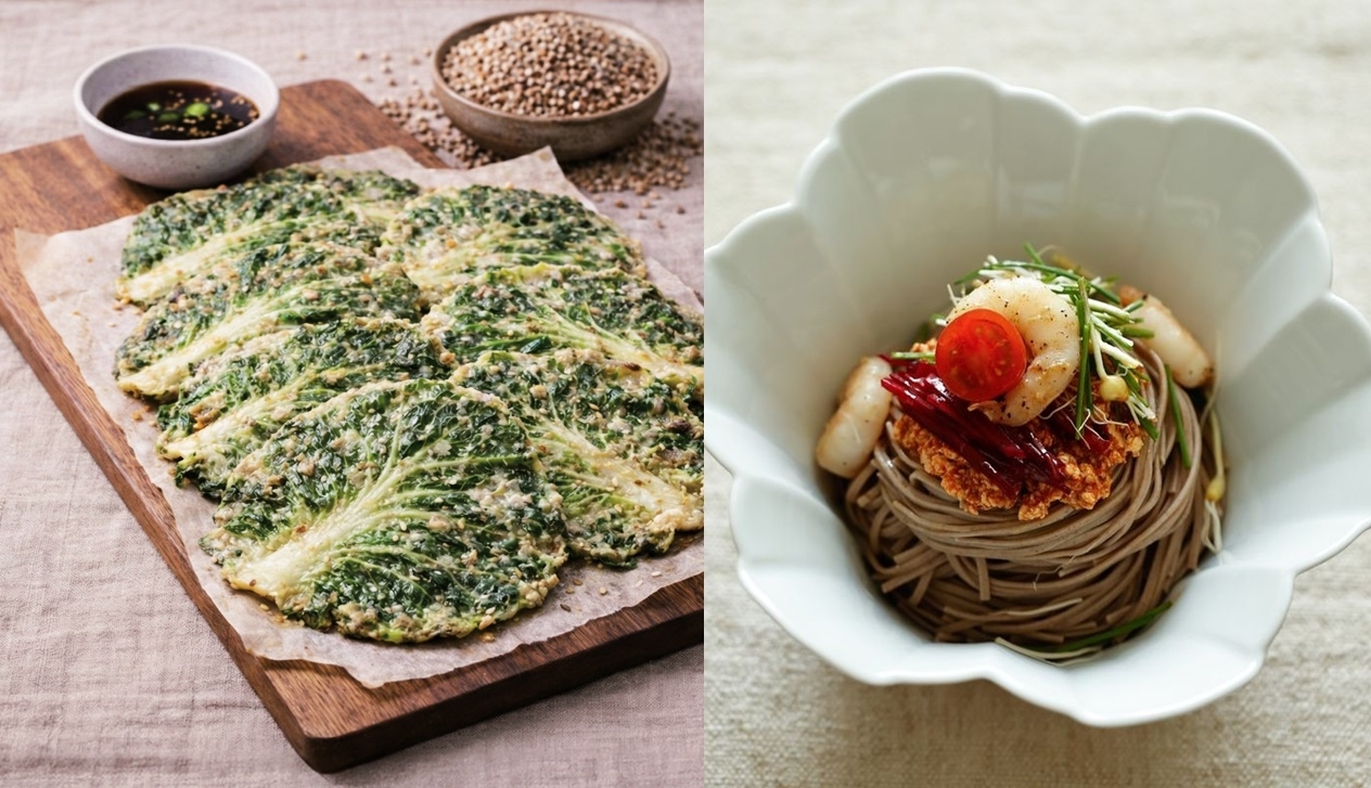 봄동 메밀전(왼쪽), 달래 된장 메밀국수 [농촌진흥청, 우리의 식탁 제공]