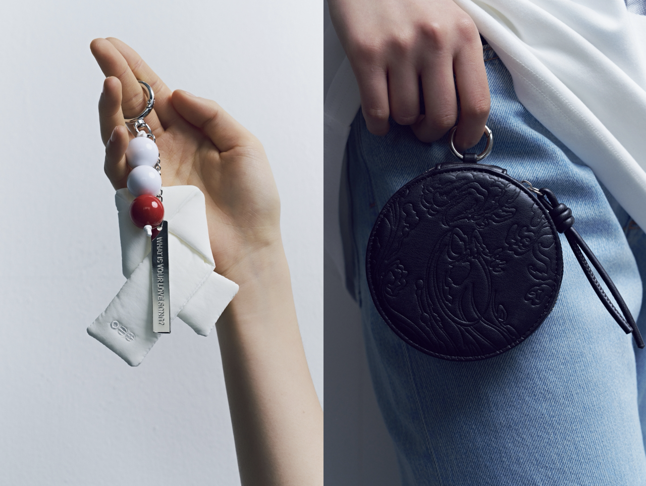 A Keychain (left) and a card holder released in collaboration with BTS and MU:DS (Hybe)