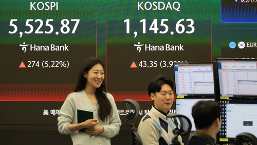 An electronic board showing the Korea Composite Stock Price Index at a dealing room of the Hana Bank headquarters in Seoul on Tuesday. (Yonhap)