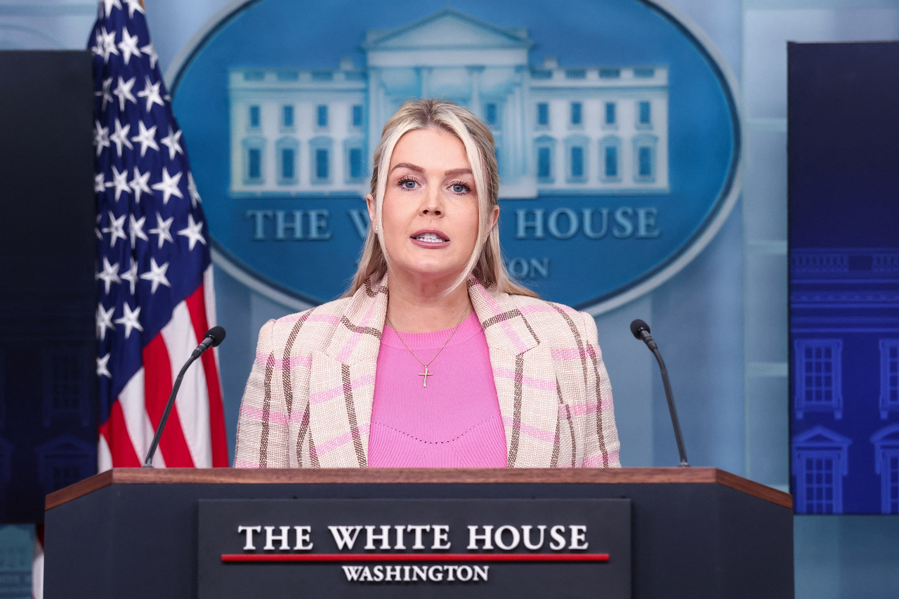 White House Press Secretary Karoline Leavitt speaks during a press briefing at the White House in Washington on Tuesday. (Reuters-Yonhap)