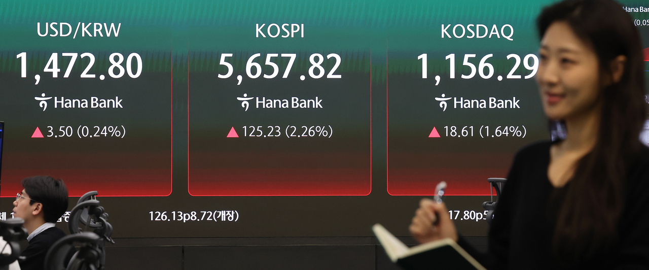 An electronic board showing the Korea Composite Stock Price Index at a dealing room of the Hana Bank headquarters in Seoul on Wednesday. (Yonhap)